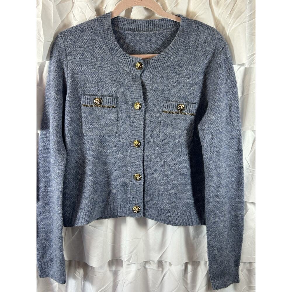Alpaca Wool blend blue wool cardigan gold "M" buttons size Medium no brand tag